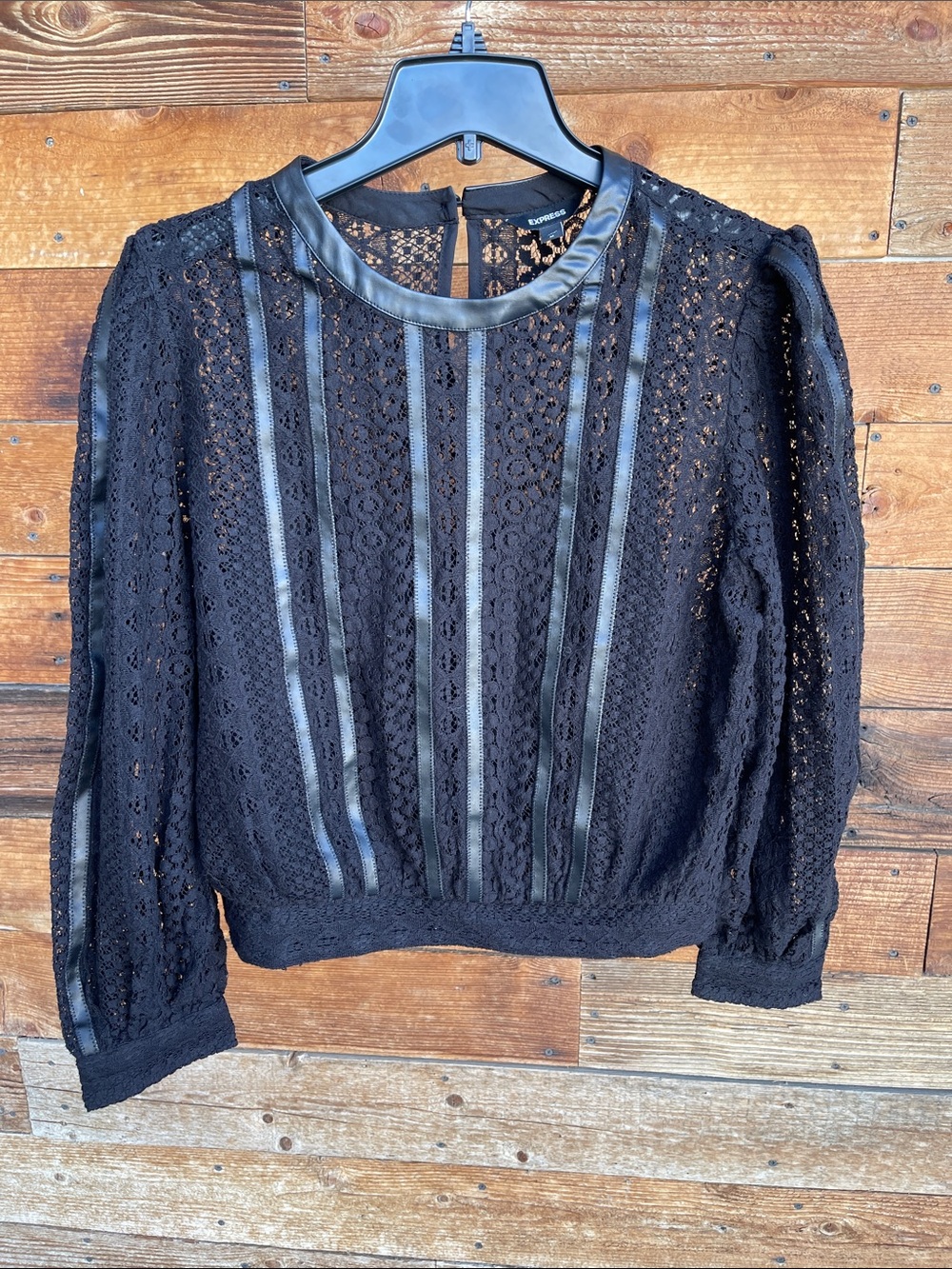 Express Black Lace Blouse Faux Leather Trim Long Sleeve Top Women’s Medium
